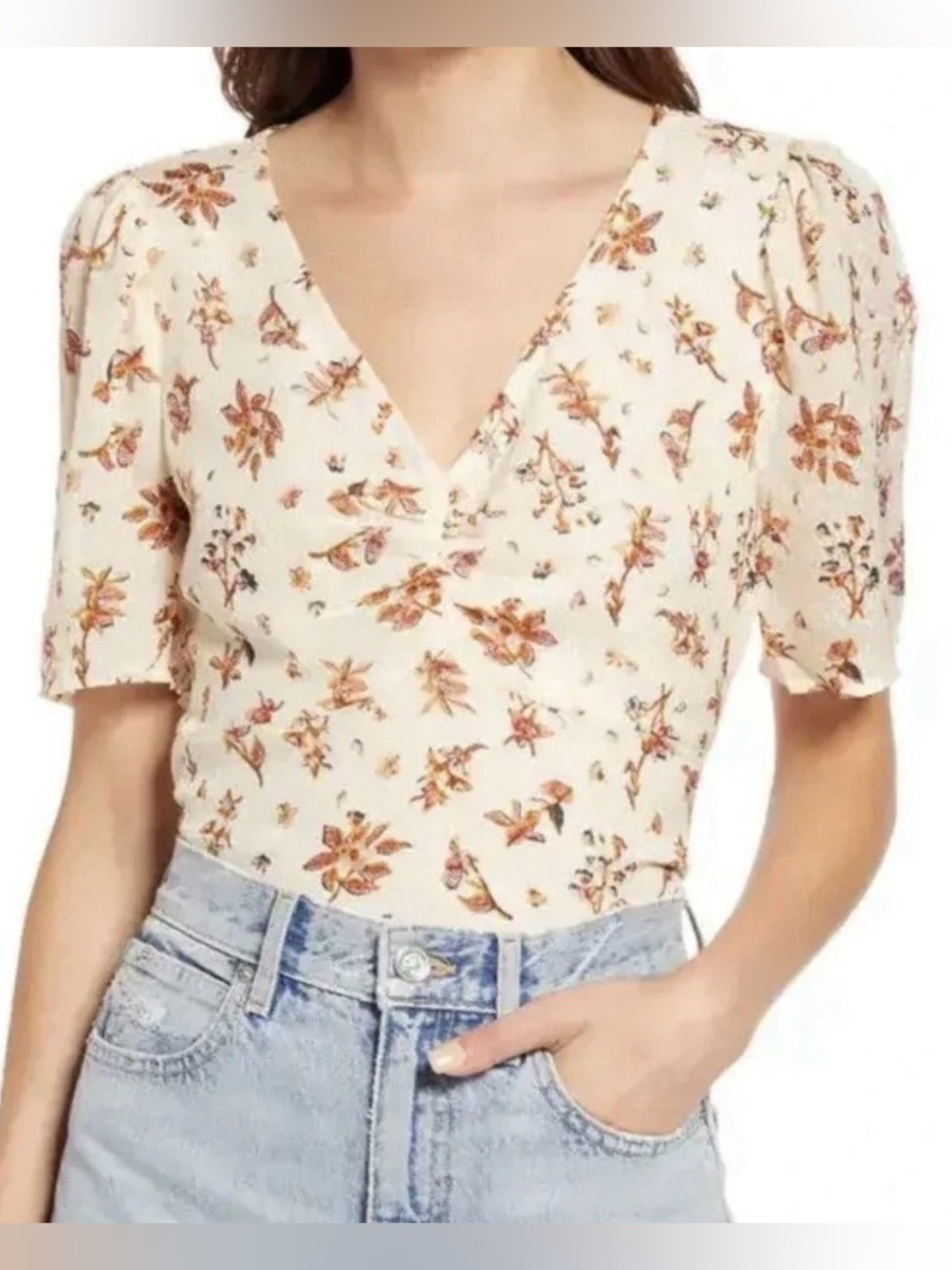 Madewell Silk Ruched Front Puff Sleeve Top In Antique Coral, sz 0